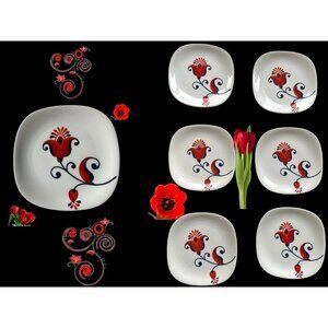 VTG 70s Block Langenthal Transition Bread Plates 6 piece Red Floral Pop Art